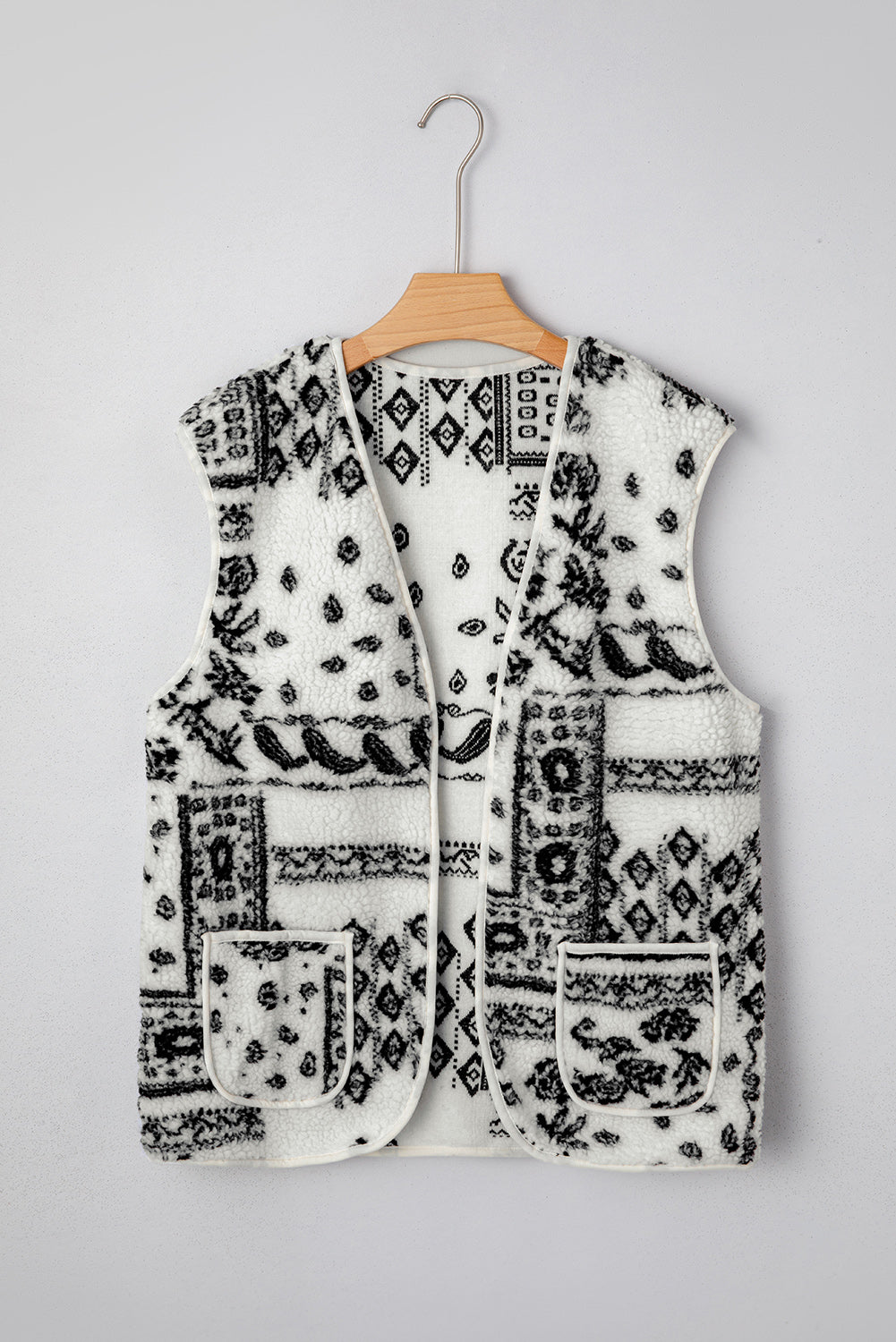Fashion Beige Sherpa Paisley Print Pocketed Western Vest Jacket