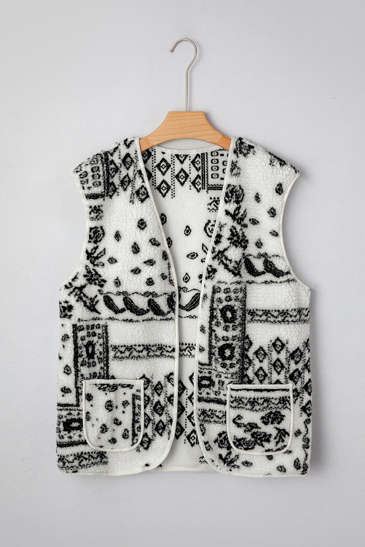 Fashion Beige Sherpa Paisley Print Pocketed Western Vest Jacket