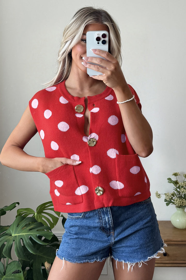Red Polka Dot Sleeveless Knit Button Drop Shoulder Sweater Vest