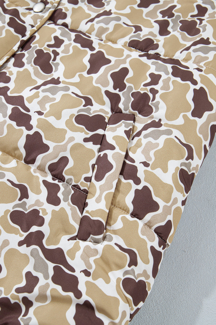 Multicolour Camouflage Quilted Metal Button Collar Long Sleeve Puffer Coat