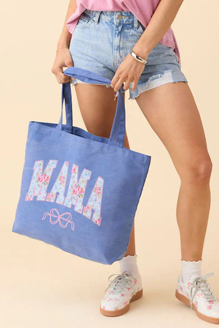 Floral MAMA Letter Bow Print Canvas Tote Bag