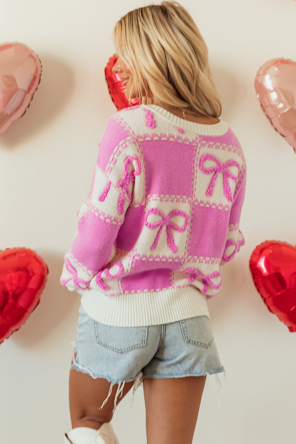 Bow Knot Two Tone Checkered Crew Neck Sweater