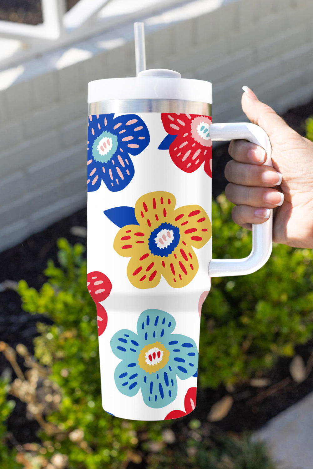 Flower Pattern Stainless Vacuum Cup with Handle 40oz