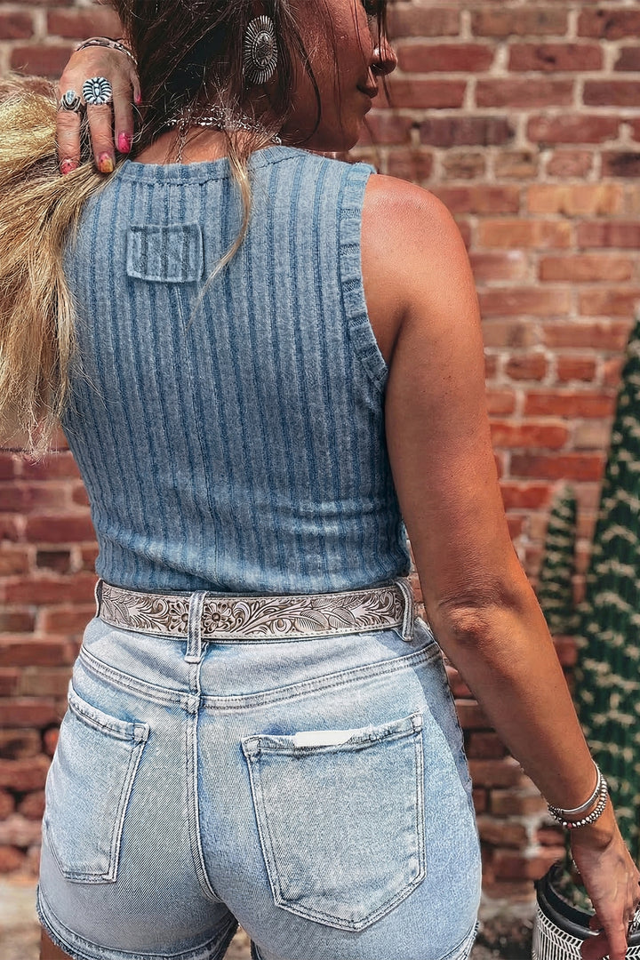 Sky Blue Slim Ribbed Mineral Wash Tank Top