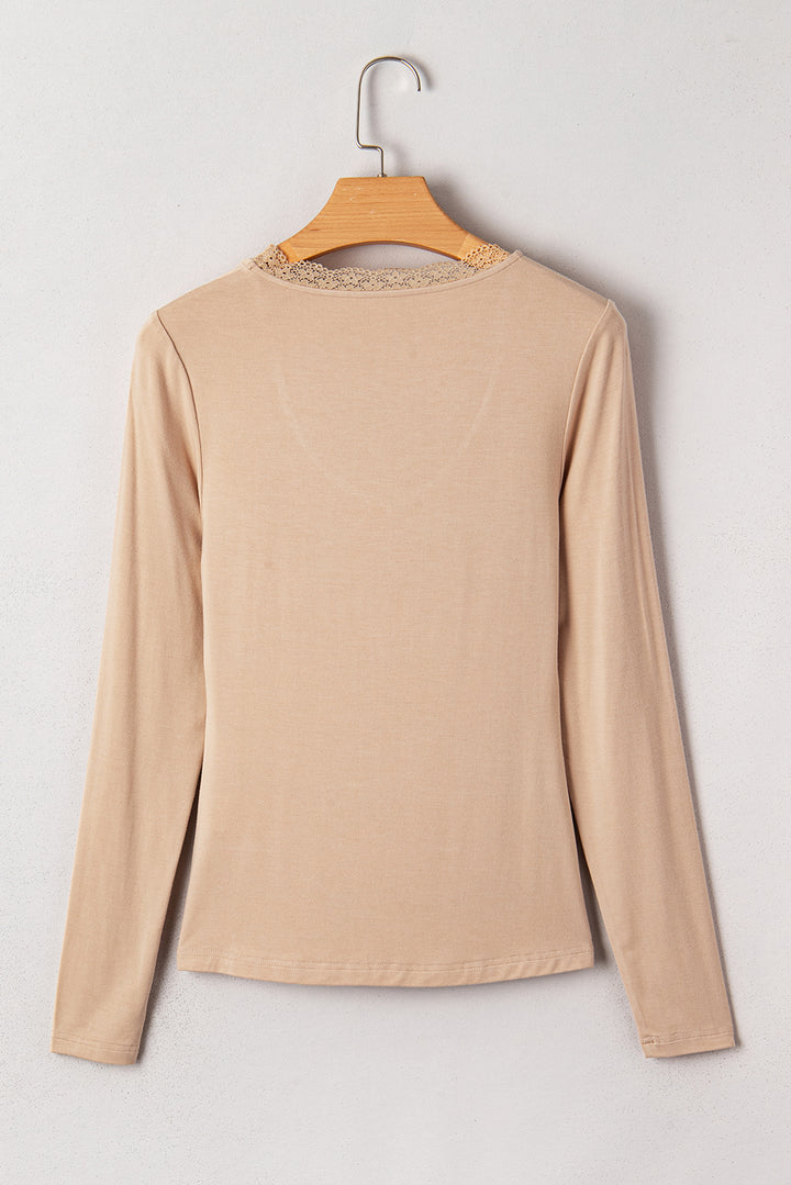 Lace-trimmed Sweetheart Neckline Ruched Detail Long Sleeve T-shirt