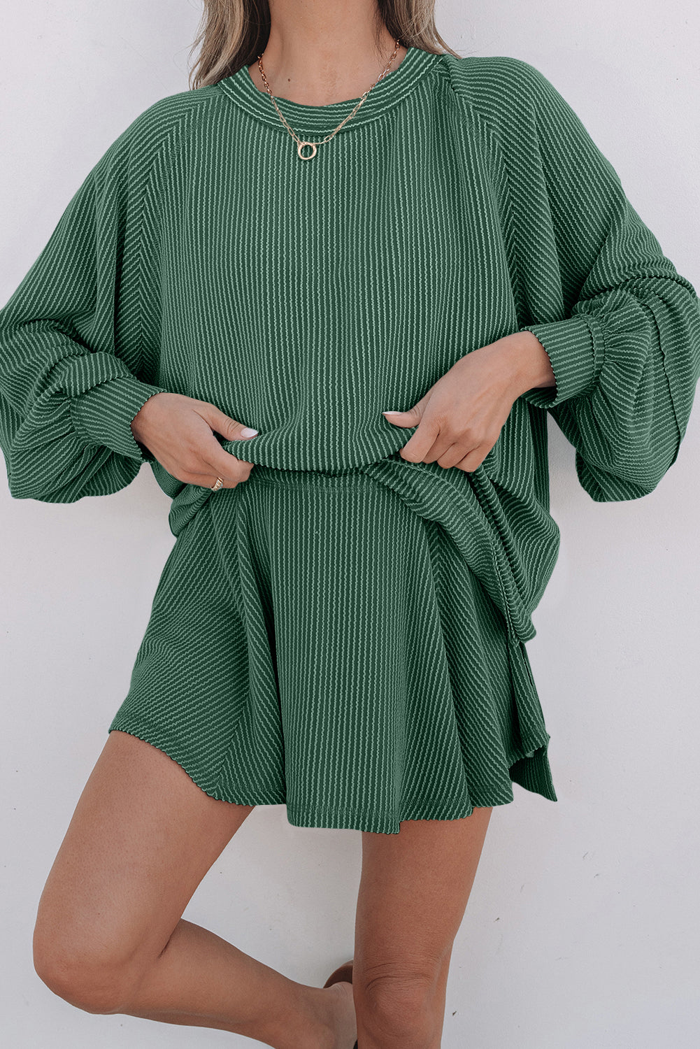 Mist Green Corded Lantern Sleeve Top Ruffled Mini Skort Set