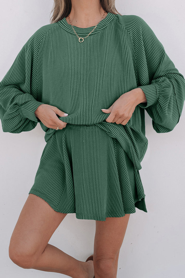 Mist Green Corded Lantern Sleeve Top Ruffled Mini Skort Set