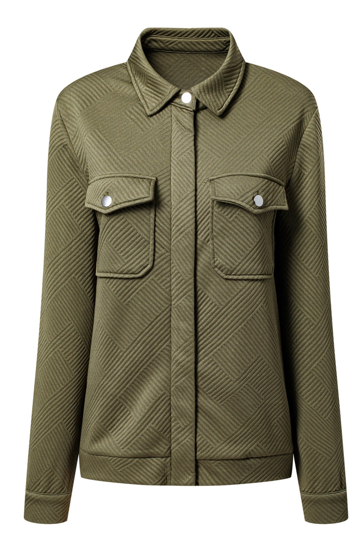 Blackish Green Zip Up Button Flap Pocket Shirt Collar Jackets