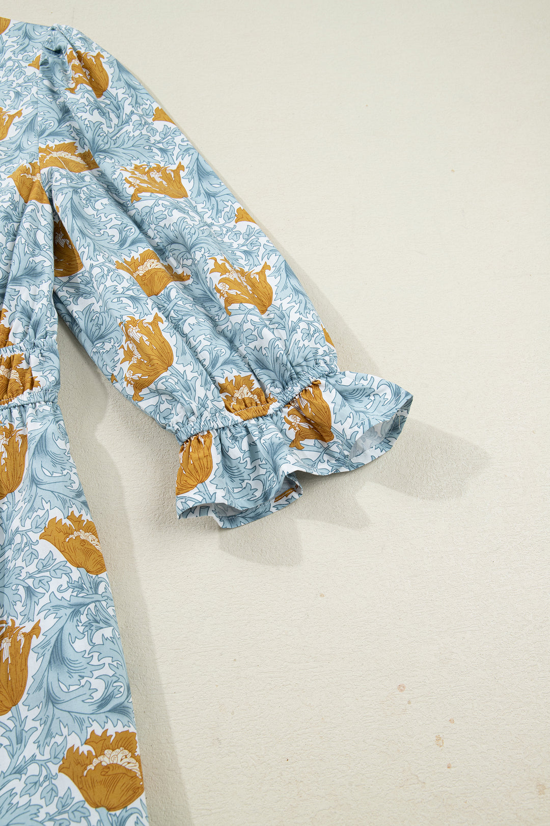 Floral Printed Frilled V Neck Bracelet Sleeve Long Dress