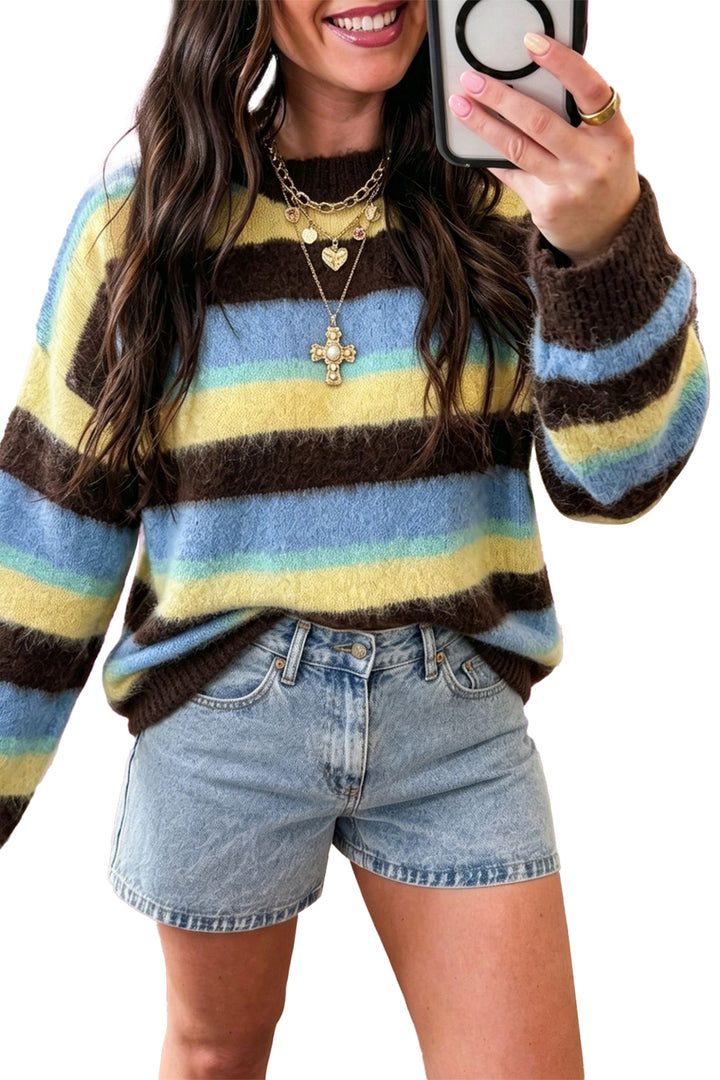 Multicolour Fuzzy Striped Knit Casual Shift Sweater