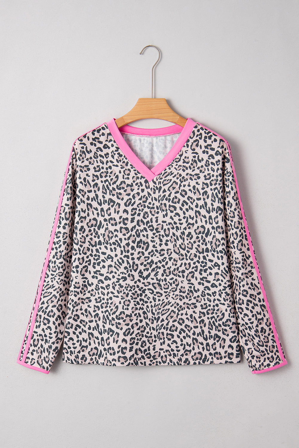 Leopard Print Contrast V Neck Varsity Stripe Detail Long Sleeve Top