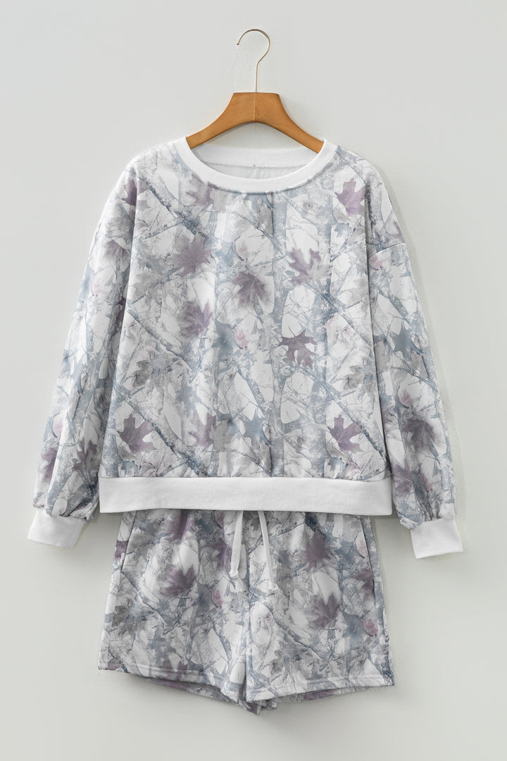 Light Grey Abstract Woodland Camo Print Baggy Pullover Drawstring Shorts Set