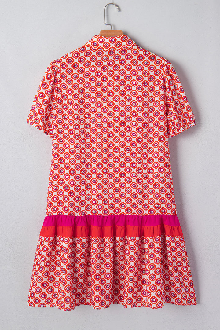 Geometric Floral Print Color Block Trim Button Front Ruffle Hem Dress