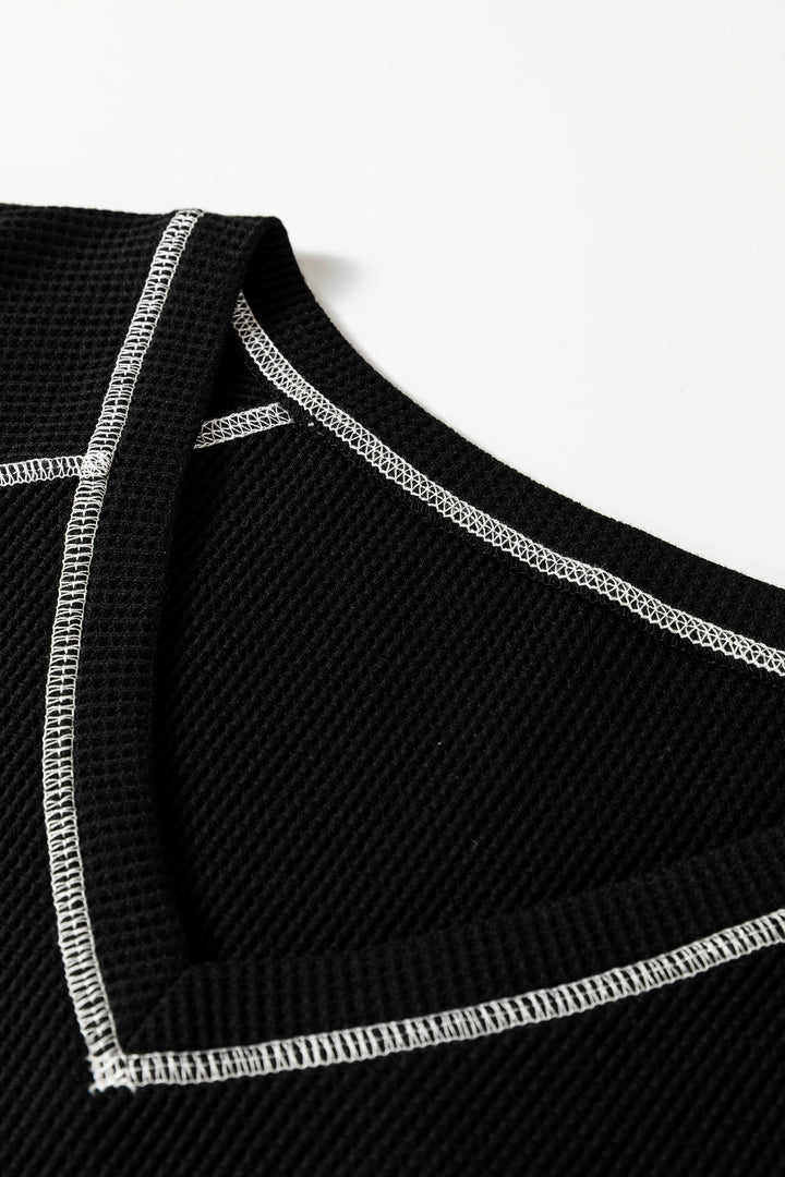 Black Waffle Textured Contrast Trim V Neck Tee