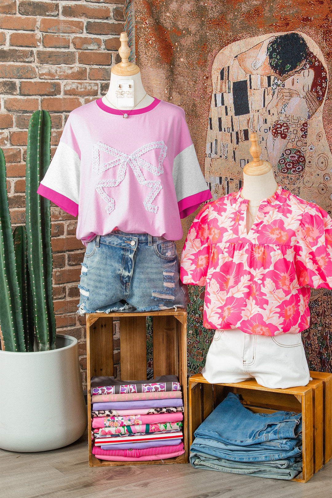 Gossamer Pink Embroidered Bow Detail Color Block Loose Tee