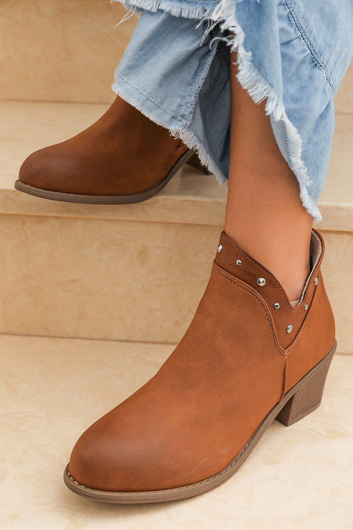 Studded Faux Leather Chunky Heel Ankle Boots