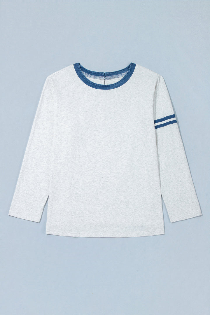 Gray Plus Size Colorblock Detail Round Neck Long Sleeve Top