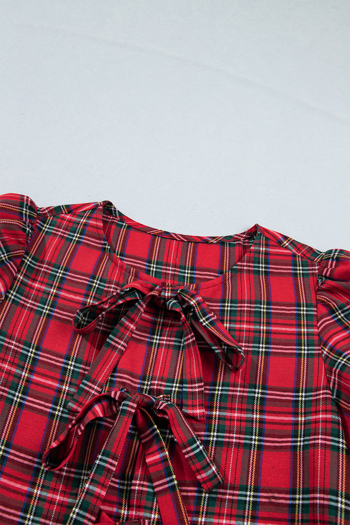 Red Plaid Knot Neck Short Sleeve Mini Shift Dress