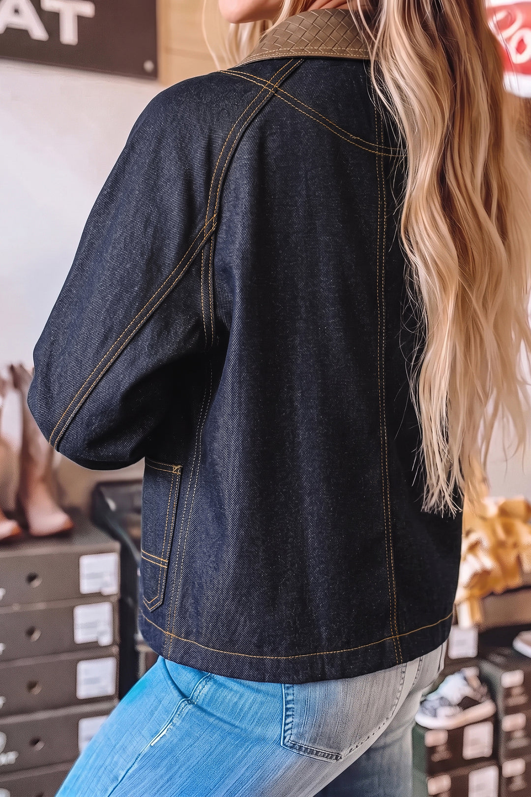 Navy Blue Contrast Collar Stitched Detail Button Denim Jacket