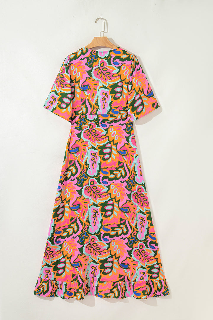 Summer Plant Print Surpliced V Neck Ruffled Asymmetric Slit Wide Maxi Dress