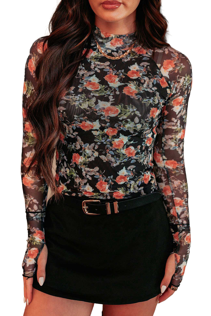 Black Floral Print Mesh Thumb Hole Long Sleeve Pullover Top