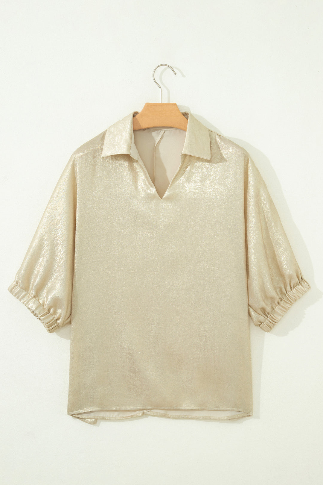 Casual Collared V Neck Half Sleeve Metallic Top