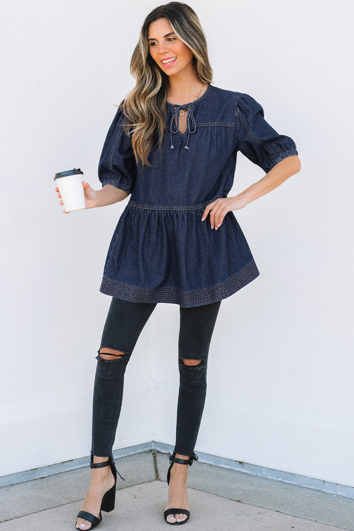 Puff Sleeve Lace-up Neckline Splicing Denim Blouse
