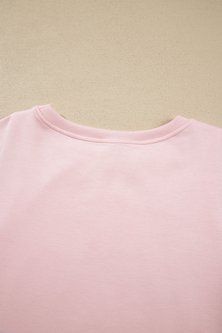 Pink Color Contrast Overlay Long Sleeve Top Drawstring Loose Pant Set