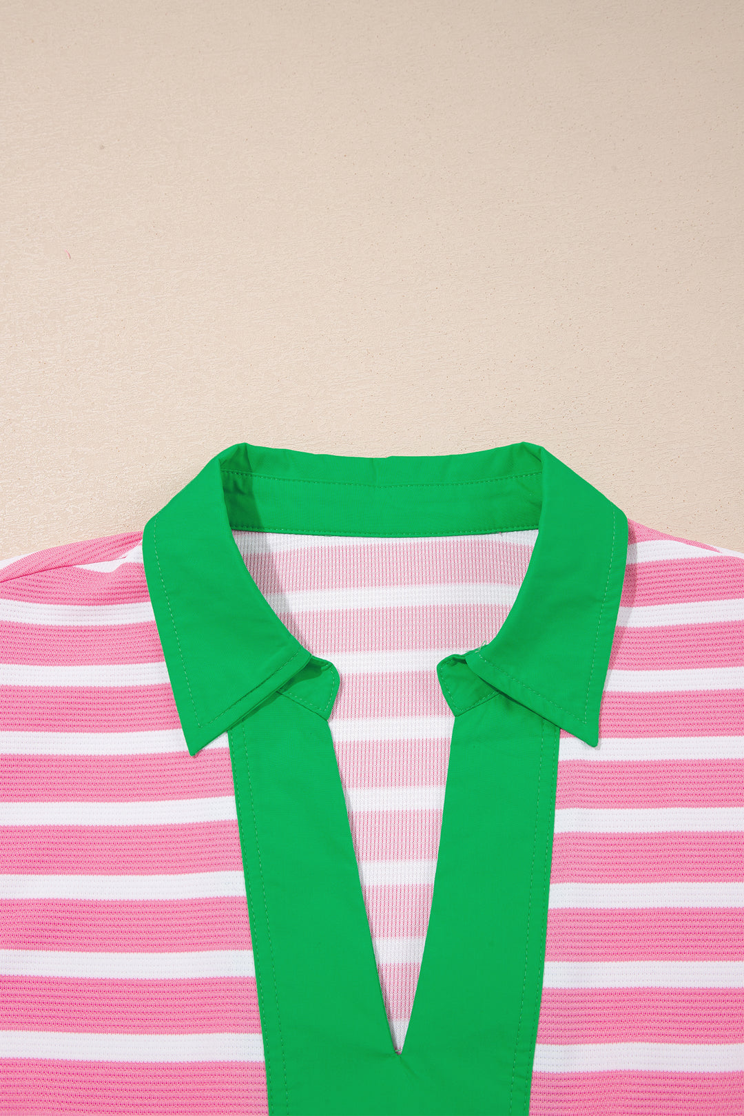 Pink Stripe Short Puff Sleeve Color Block Polo Collar Blouse