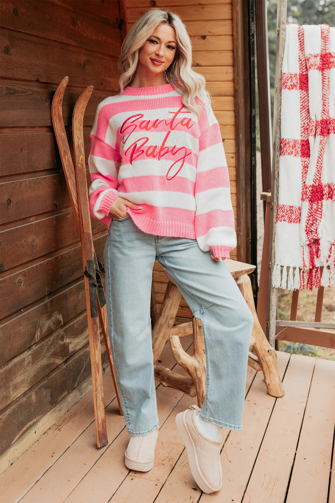 Pink Stripe Santa Baby Embroidered Christmas Slogan Drop Shoulder Pullover Sweater