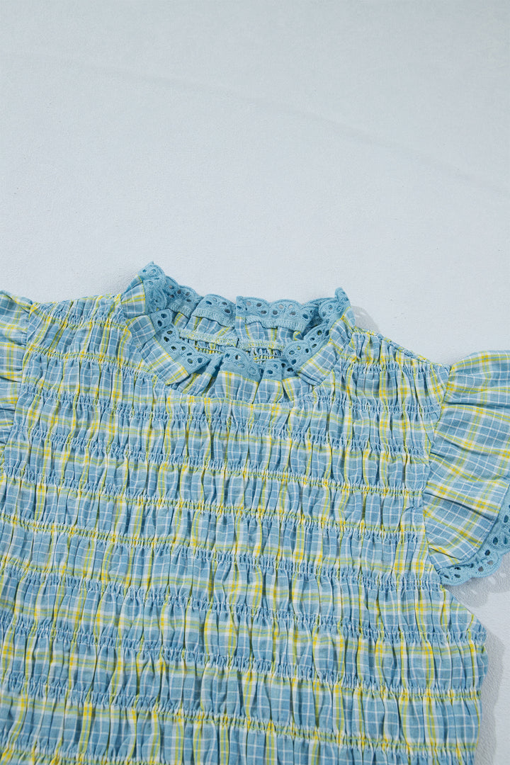 Multicolour Gingham Smoked Lace Trim Tank Top