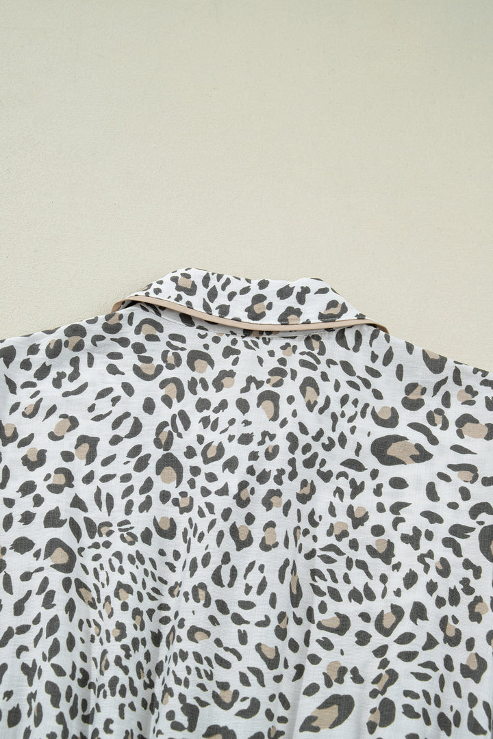 White Leopard Contrast Trim Button Front Short Puff Sleeve Long Dress