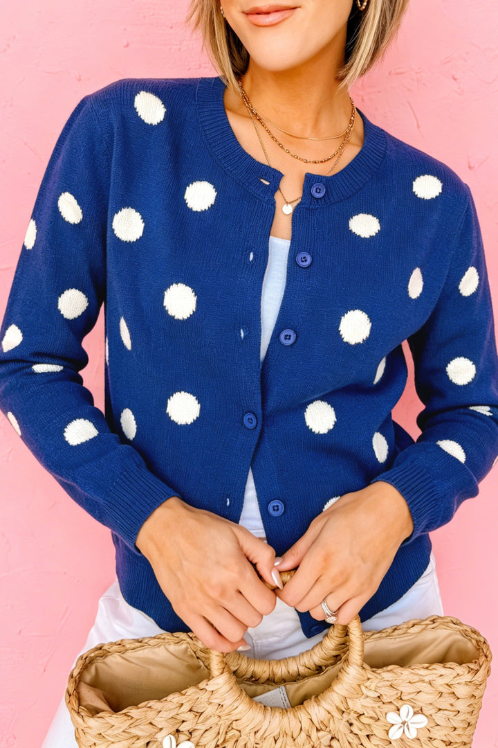 Bluing Casual Polka Dot Button Front Long Sleeve Sweater Cardigan