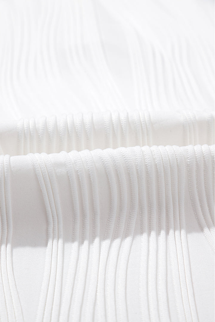 White Wavy Textured Button V Neck Tee