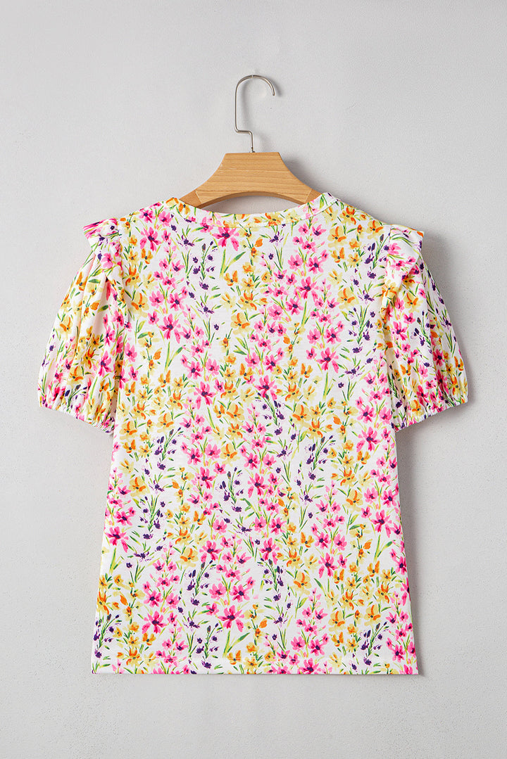 floral puff short sleeve crewneck blouse