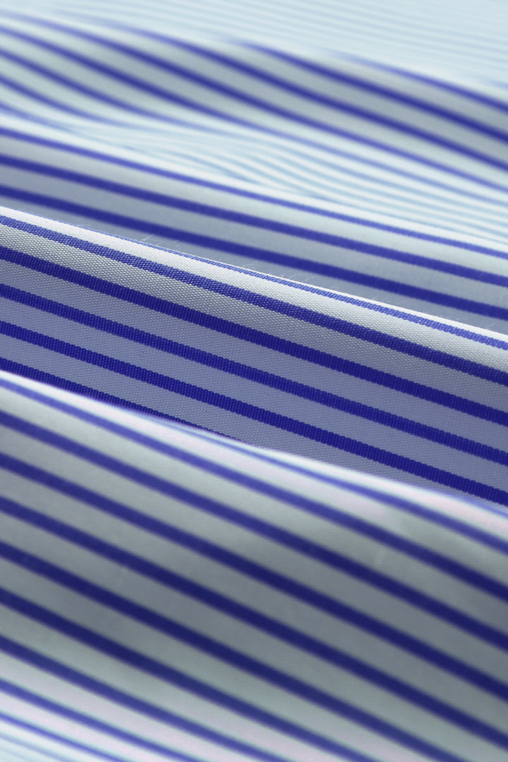 Blue Stripe Smocked Cuffed Striped Boyfriend Shirt with Pocket