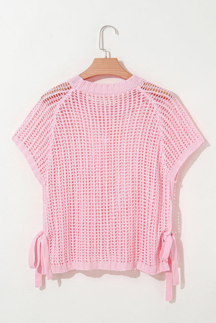Hollow-out Crochet Side Tied Short Sleeve Sweater