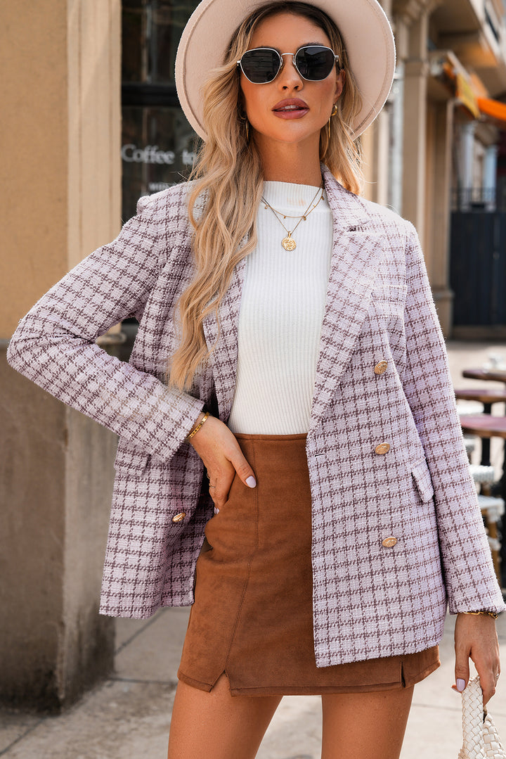 Burgundy Elegant Tweed Plaid Blazer