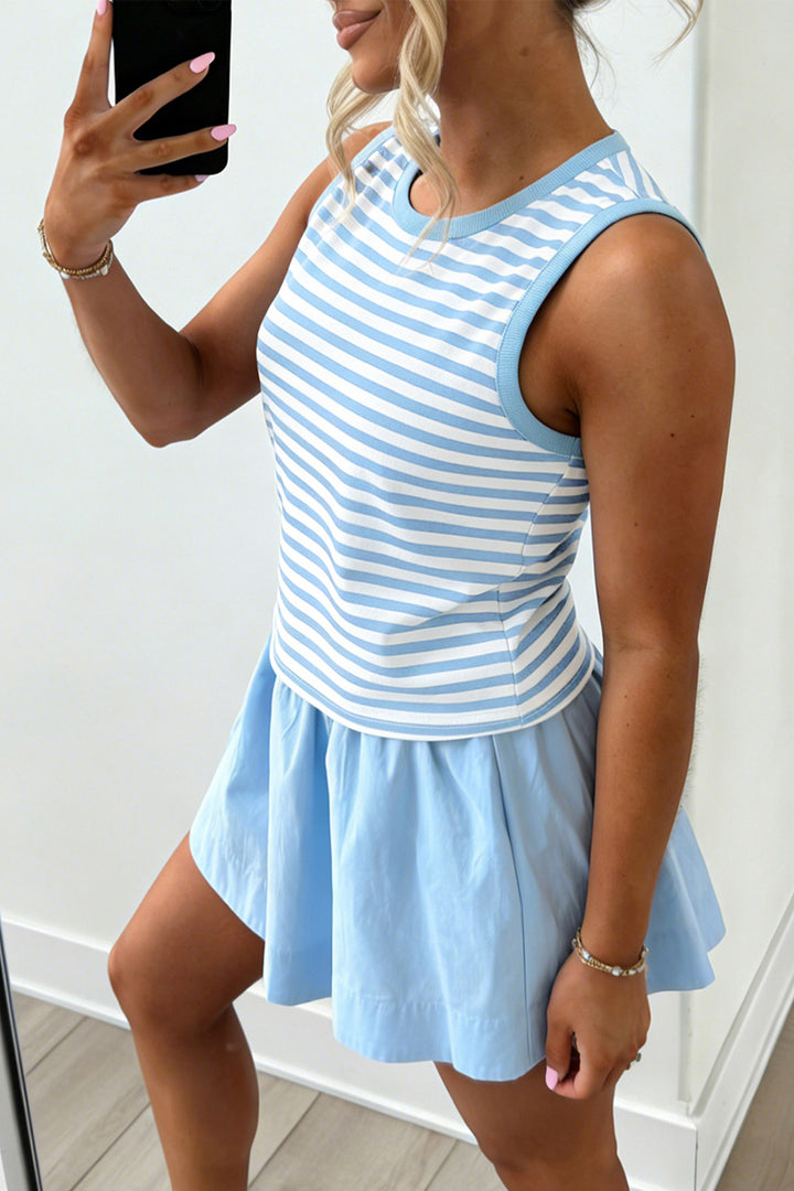 Cute Sky Blue Stripe Slim Tank Contrast Ruffle Mini Skort Set