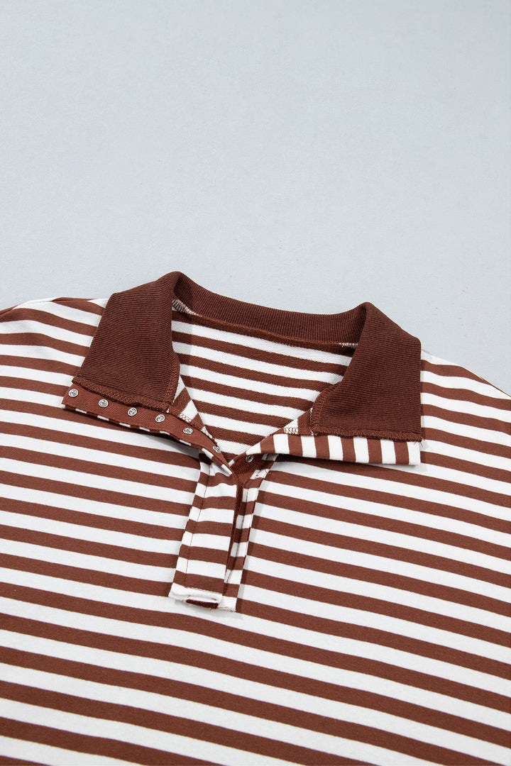 Brown Stripe Color Block Trim Raw Seam Split Hem Loose Pullover Sweatshirt