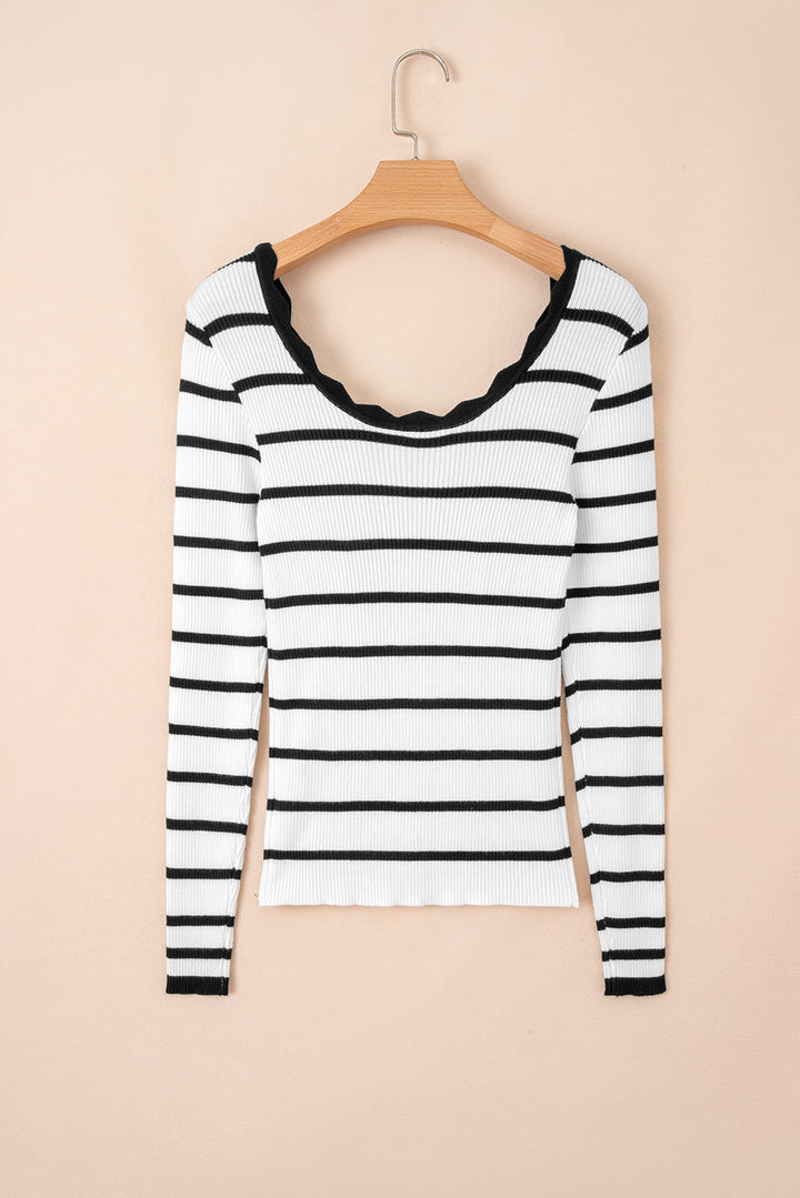 Scalloped Trim U Neck Striped Ribbed Slim Sweater