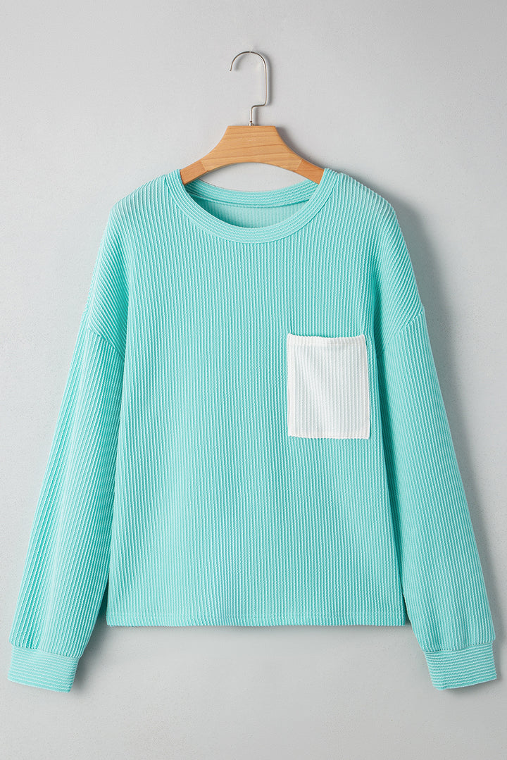 Iceland Blue 3D Ribbed Texture Contrast Patched Pocket Long Sleeve Top