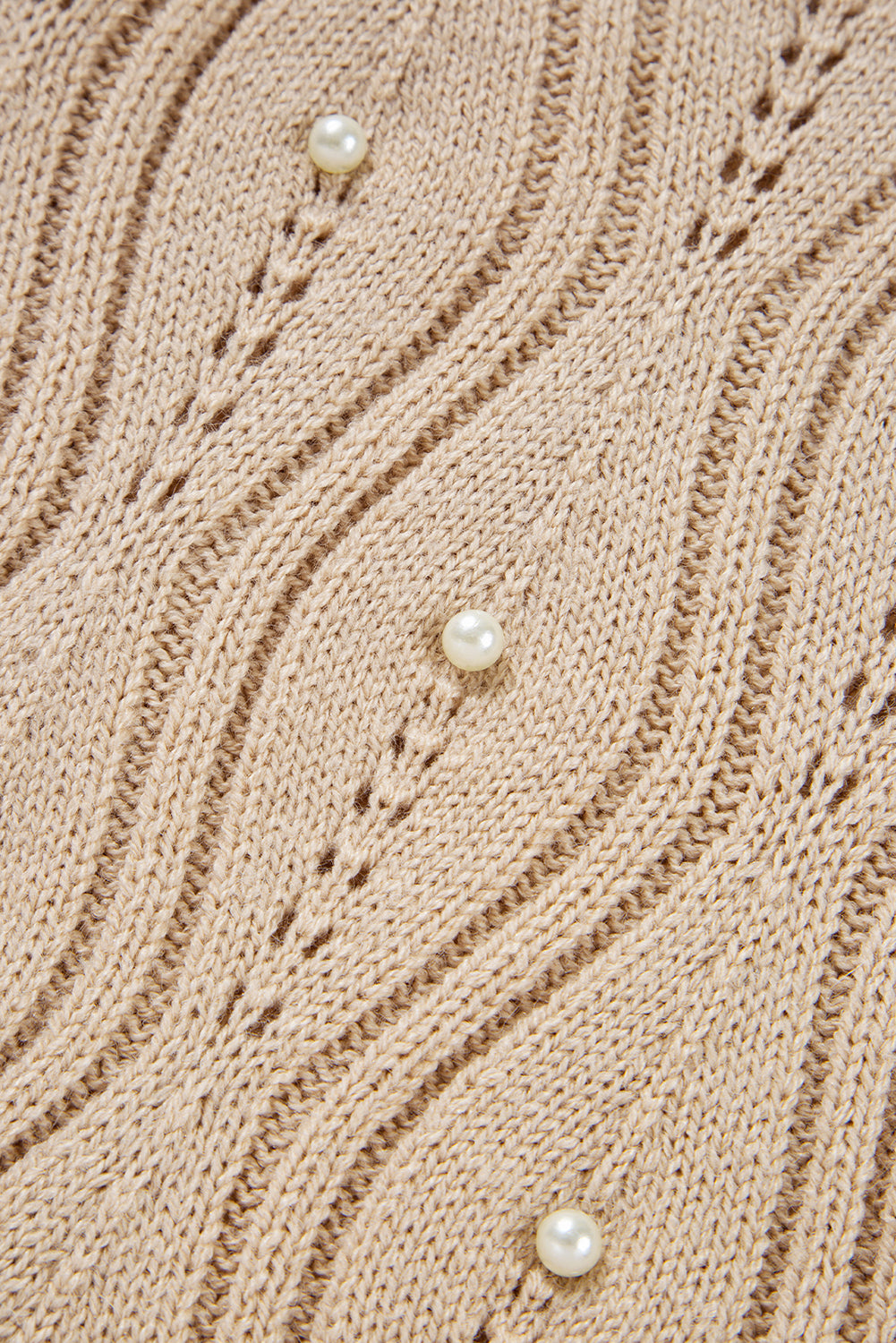 Pearl Beaded Pointelle Knit V Neck Lace Patchwork Sleeve Sweater