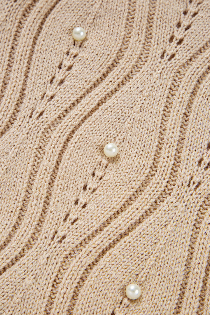 Pearl Beaded Pointelle Knit V Neck Lace Patchwork Sleeve Sweater