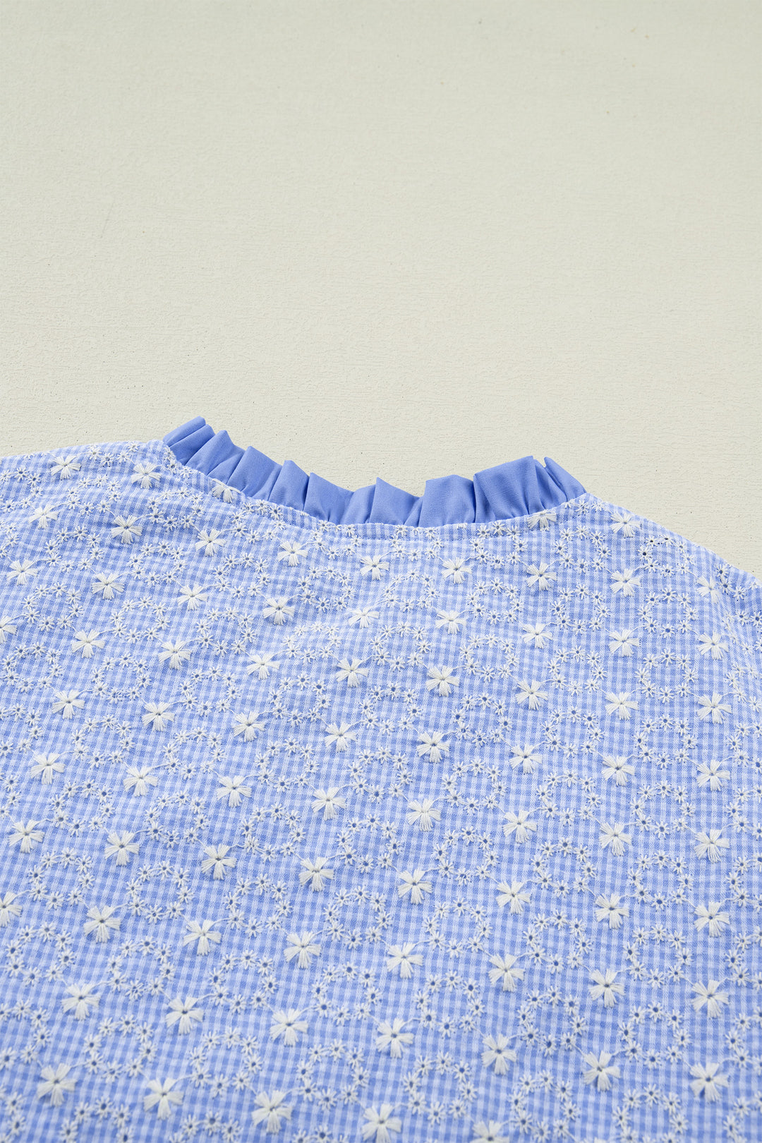 Beau Blue Eyelet Embroidered Flower Texture Contrast Lace Trim Flutter Sleeve Blouse