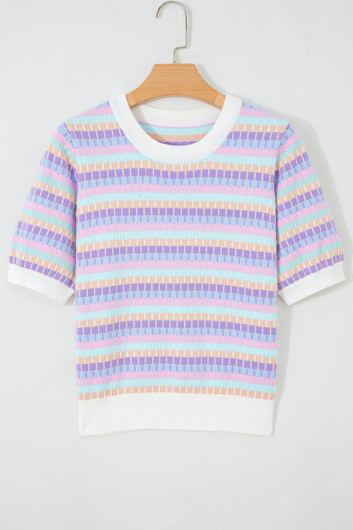 Purple Abstract Striped Knit Short Sleeve Sweater