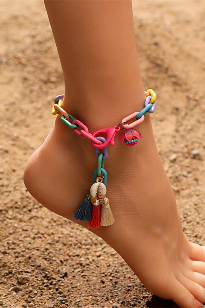 Bracelet de cheville réglable à maillons colorés avec pompon coquillage