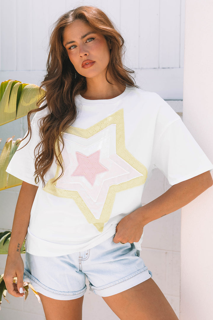 Star Layered Patched Graphic Drop Shoulder Half Sleeve Loose Tee