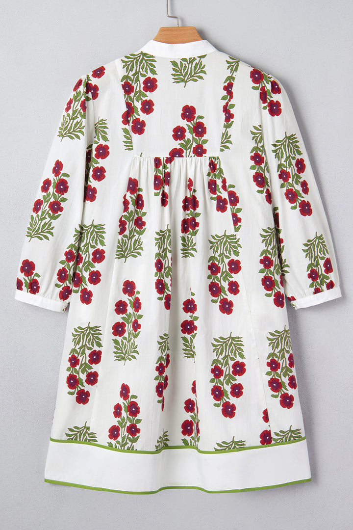 Frilled V Neck 3/4 Sleeve Loose Floral Dress