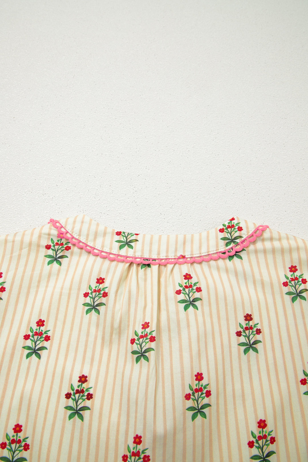 Apricot Striped Floral Print Contrast Detail Ruffle Hem Short Dress